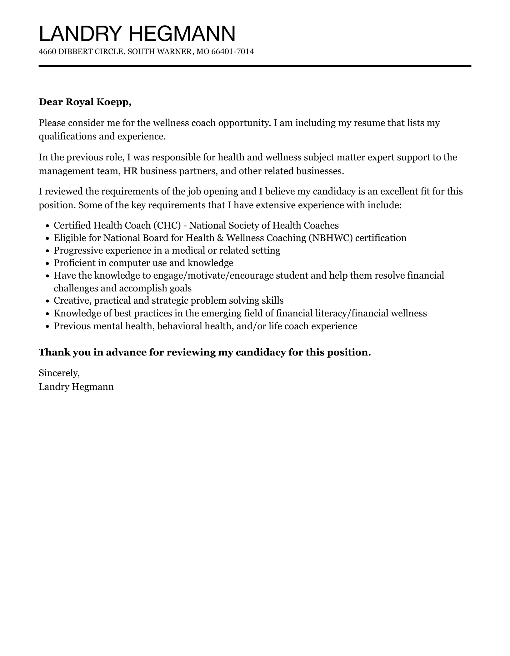 36944 wellness coach cover letter formatting