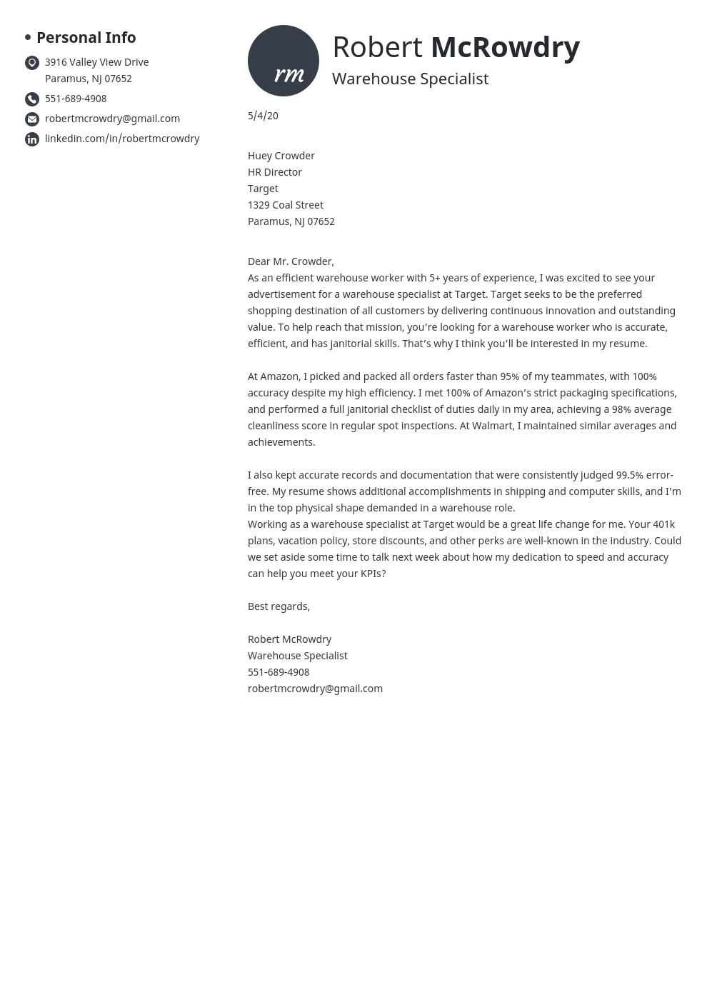 37114 warehouse cover letter tips