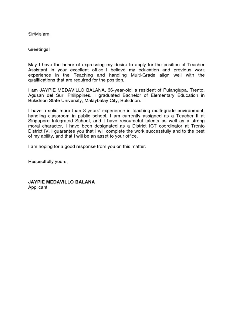 37170 teaching experience cover letter