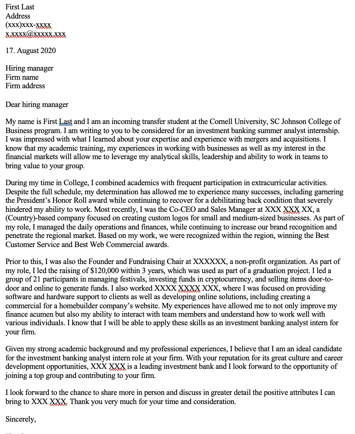 43967 formatting cover letter