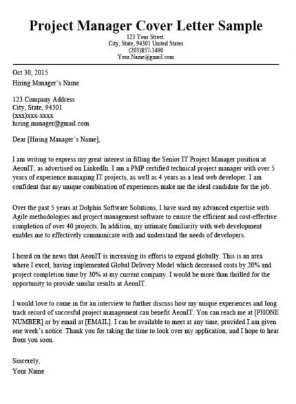 43993 project manager cover letter purpose