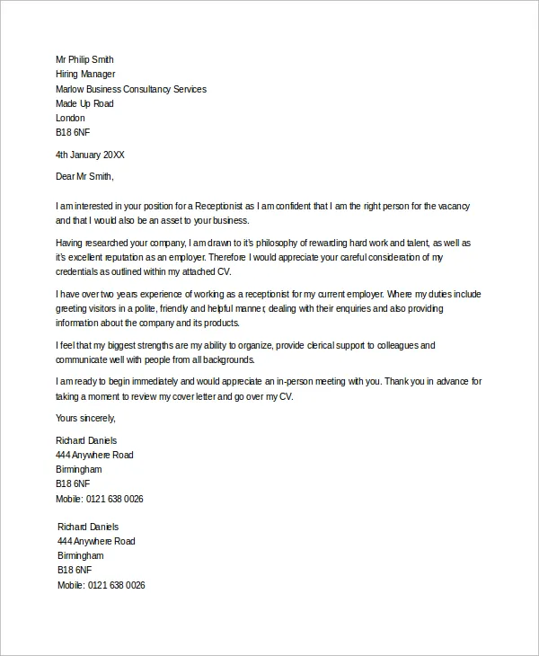 44012 career change receptionist cover letter
