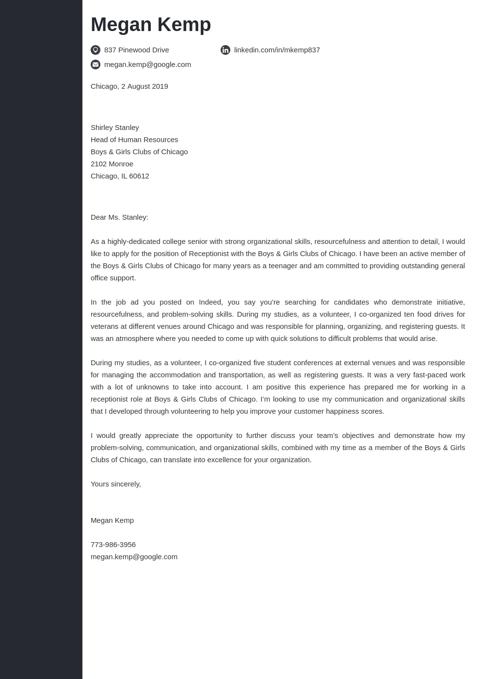 44012 experienced receptionist cover letter
