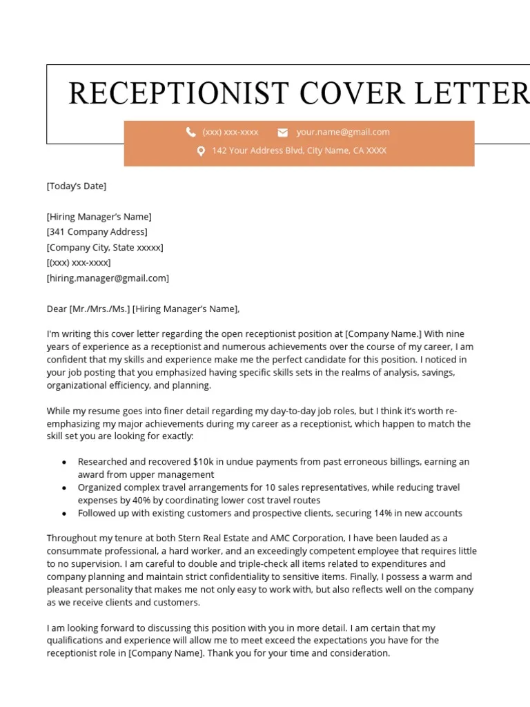 44012 receptionist cover letter importance